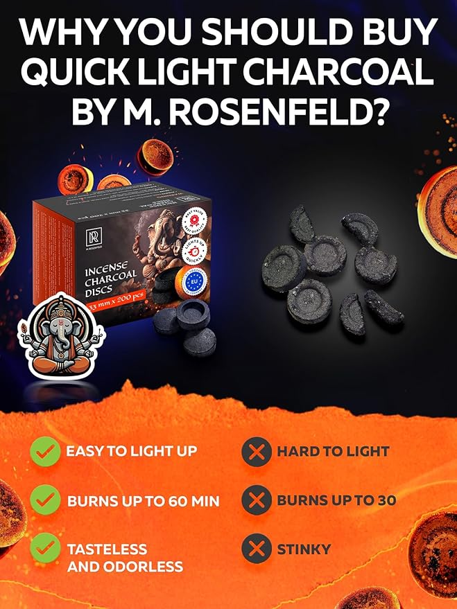 Charcoal Discs to Burn Incense - 200 pcs Charcoal for Incense Burning - 33 mm Most Quick Light Coals Tablets by M. ROSENFELD - 33 mm Resin Burner Rolls – Pack of 200 Instant Fire Coal Tablets