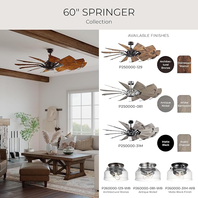 Progress Lighting Springer Collection DC Motor Farmhouse Windmill Ceiling Fan, Matte Black, 12-Blade (60" W x 17-3/8" H) P250000-31M