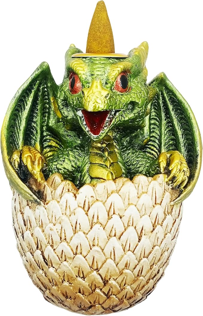 Fantasy Gifts Green Dragon in Egg Backflow Incense Burner 3.5 x 3 x 4.25 Inch | Hand Painted Cold Cast Resin Fountain | Mystical Home Décor & Aromatherapy Gift for Meditation and Relaxation
