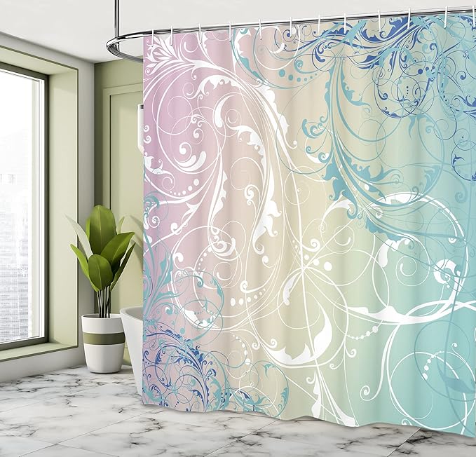 Ambesonne Floral Shower Curtain, Baroque Swirl Branches Curved Flower Leaves Shabby Form Nature Pattern, Cloth Fabric Bathroom Decor Set with Hooks, 69" W x 84" L, Seafoam White