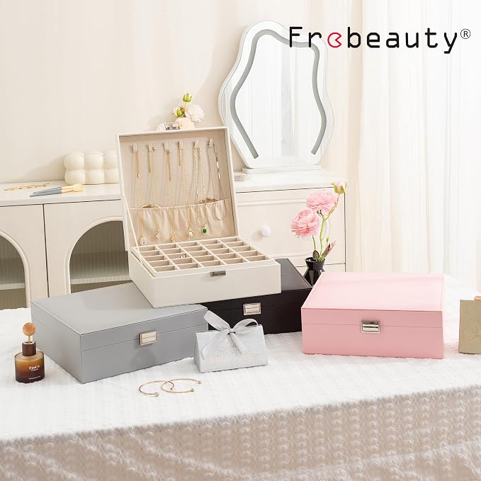 Frebeauty 50 Grid Earring Holder Organizer,2 Layer Jewelry Box for Women | Faux Leather,Velvet Lining,Adjustable Divider,Jewelry Organizer for Ring Necklace and Bracelet,for Home Use and Jewelry Store