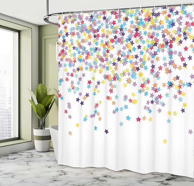 Ambesonne Star Print Shower Curtain, Falling Star Print Shaped Party Items Birthday Anniversary Surprise Party Celebration Theme, Cloth Fabric Bathroom Decor Set with Hooks, 69" W x 70" L