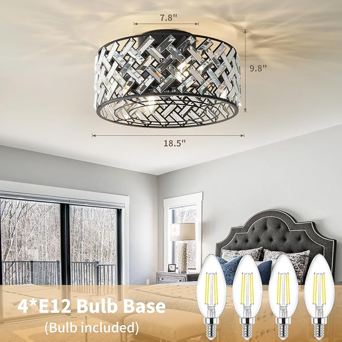 Black Small Bedroom Ceiling Fans with Lights and Remote 4-Light Crystal Black Farmhouse Flush Mount Fandeliers for Bedroom Quiet Fan Light Fixture, 18" Modern Chandelier with Fan 8 Blades