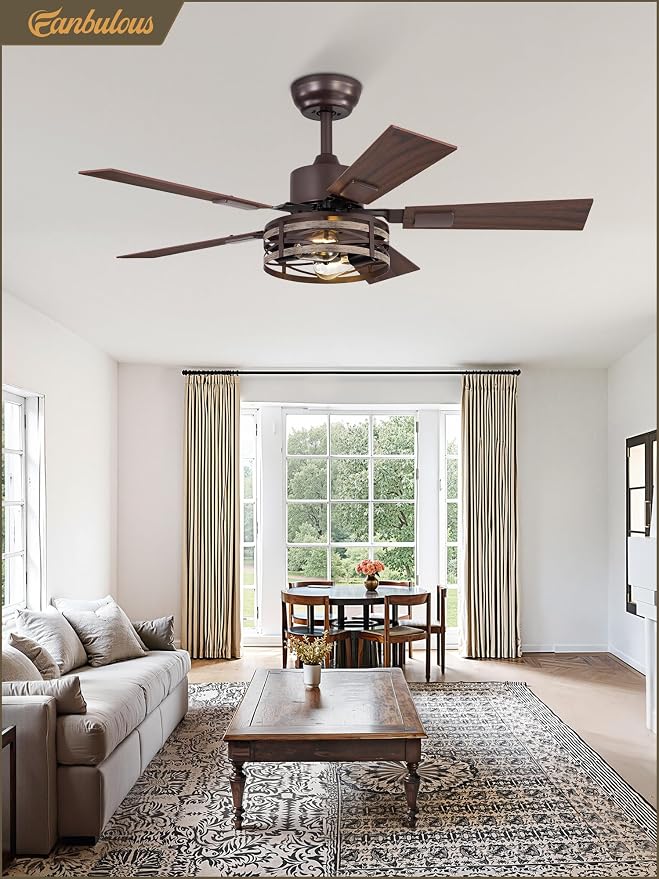 Fanbulous Farmhouse Ceiling Fans with Light, 42 Inch Bedroom Ceiling Fan with Lights, 6-Speed Adjustable, Quiet and Reversible DC Motor, 5 Dual Finish Blades, Rustic Caged Ceiling Fan，Oil Bronze