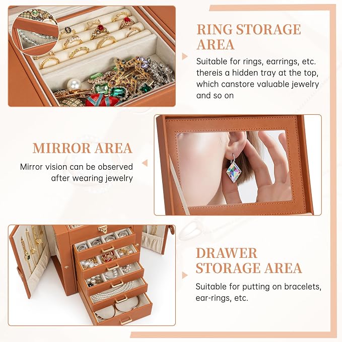 AKOZLIN 6-Tier Jewelry Box Organizer Functional 5 Drawers Leather Jewelry Storage Case for Women Girls Ring Necklace Earring Bracelet Holder Organizer with Mirror Orange Regular