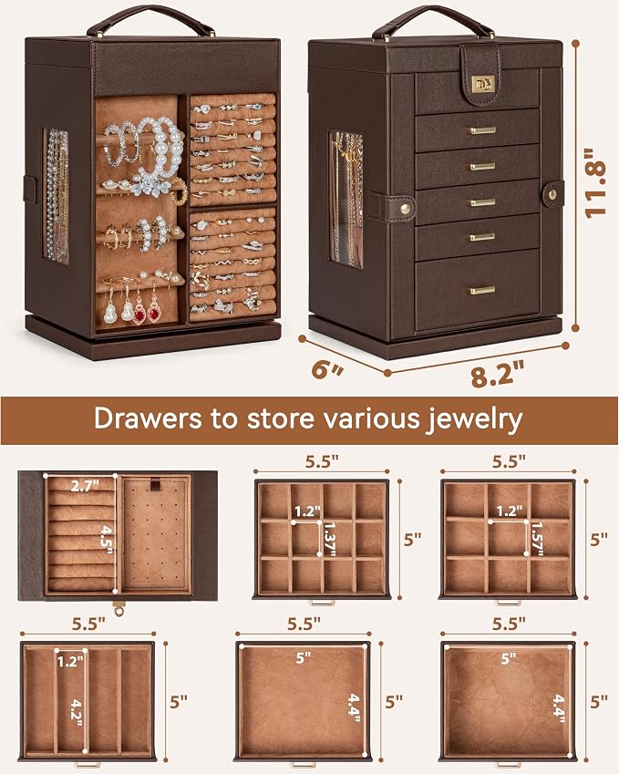 AKOZLIN 6-Tier Jewelry Box Organizer Functional 5 Drawers Leather Jewelry Storage Case for Women Girls Ring Necklace Earring Bracelet Holder Organizer with Mirror Brown 360° Rotating