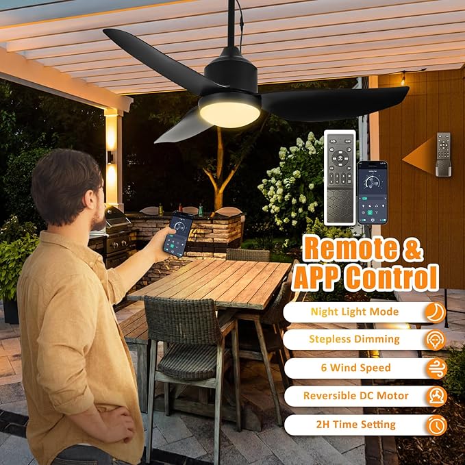 Depuley Outdoor Ceiling Fan with Light: 42 Inch Black Waterproof Gazebo Fans with Lights Outdoor Hanging - Plug in Remote App Control for Patios Indoor Farmhouse Porch - 6 Speed Reversible DC Motor