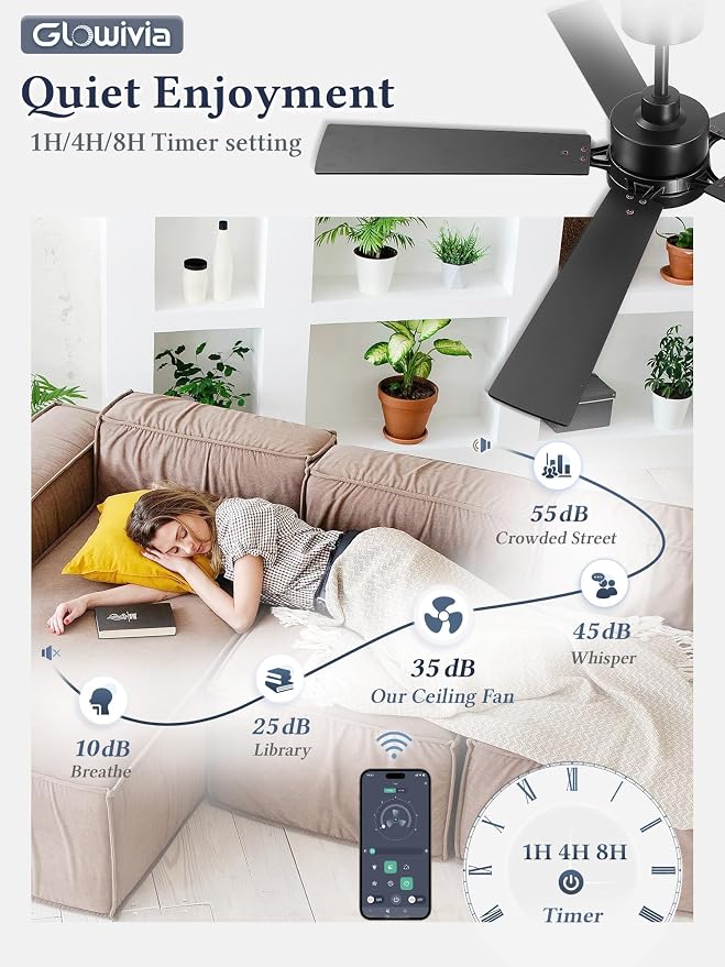 52 Inch Ceiling Fan with Lights and Remote, Smart APP Control, Dimmable with All-Setting Memory, Quiet DC Motor Reversible Blades, Damp Rated Modern Ceiling Fan for Bedroom Patio Living Room