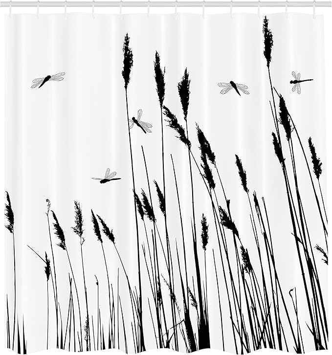 Ambesonne Dragonfly Shower Curtain, Wheat Field Autumn Agriculture Background Nature Harvest Bush Herbs Theme Art, Cloth Fabric Bathroom Decor Set with Hooks, 69" W x 70" L, White Black