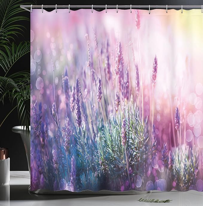 Ambesonne Lavender Shower Curtain, Fantasy Dreamlike Herbal Meadow Close Up View Nature Theme, Cloth Fabric Bathroom Decor Set with Hooks, 69" W x 84" L, Teal Pale Pink Lilac