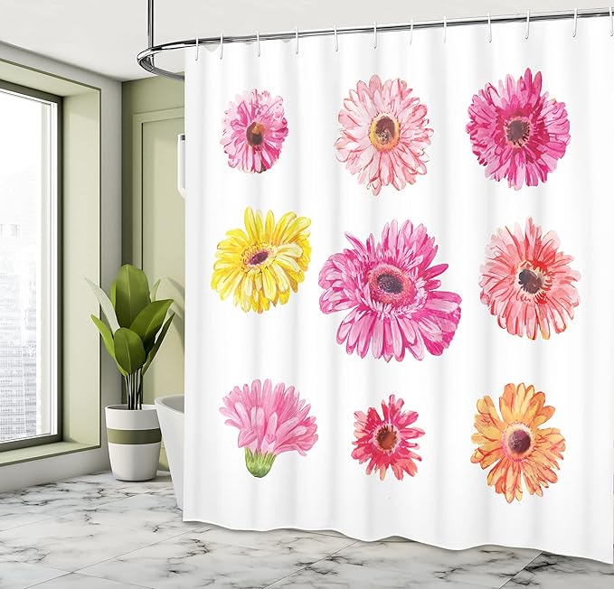 Ambesonne Daisy Shower Curtain, Gerbera Flower Heads in Pink and Yellow Shades Watercolor Aquarelle Art Floral, Cloth Fabric Bathroom Decor Set with Hooks, 69" W x 70" L, Multicolor