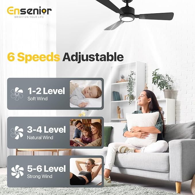Ensenior 42 Inch Ceiling Fans with Lights and Remote, Small Bedroom Ceiling Fan with 3 Reversible Blades (Black/Wood), Quiet DC Motor, 6 Speeds, 3 Color, Memory Function, Modern Fan for Home, Black