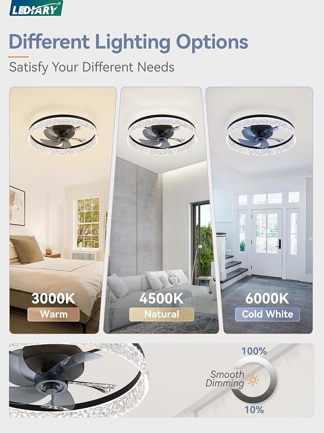 LEDIARY 22 Inch Ceiling Fans with Lights and Remote, Fandelier Low Profile Ceiling Fan, 3000K-6000K Dimmable Flush Mount LED Fan Light, Black Modern Ceiling Fans with Lights for Bedroom