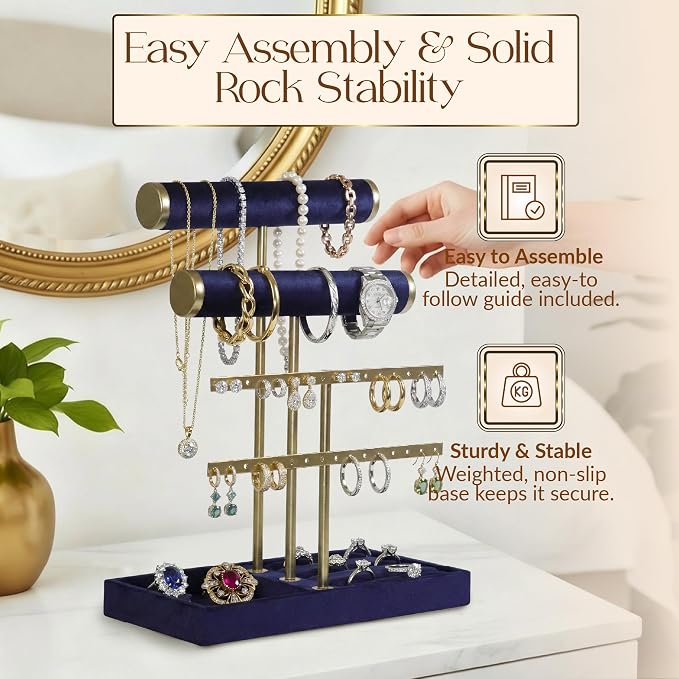 Jewelry Tower Stand Organizer for Women - Soft Touch Velvet Elegant Jewelry Holder Display with Necklace Holder, Earring Organizer & Bracelet Rack - Tabletop Stand for Dresser, Vanity, Desk - Blue