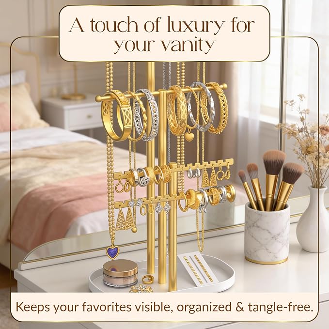 Jewelry Tower Stand Organizer for Women - Elegant Jewelry Holder Display with Necklace Holder, Earring Organizer & Bracelet Rack - Tabletop Jewelry Stand for Dresser, Vanity, Desk