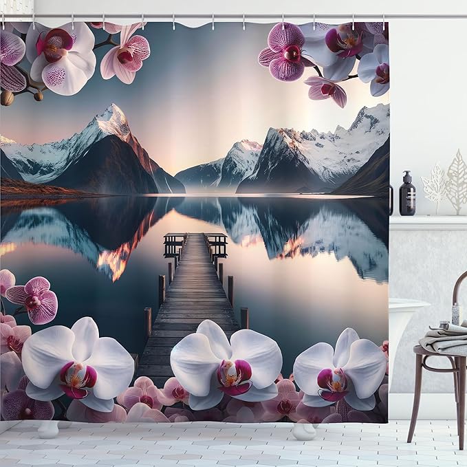 Ambesonne Lake Shower Curtain, Spring Time Orchid Flower Branches Snowy Mountains Pier Peaceful Water, Cloth Fabric Bathroom Decor Set with Hooks, 69" W x 75" L, Pale Purple Petrol Blue