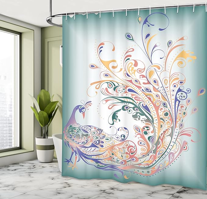 Ambesonne Abstract Shower Curtain, Peacock Bird Tail Feathers Plume Paisley Pattern Ornamental Design, Cloth Fabric Bathroom Decor Set with Hooks, 69" W x 70" L, Pale Petrol