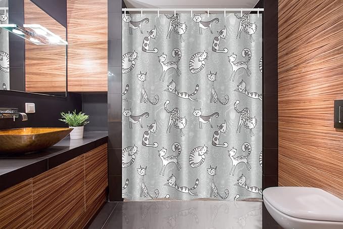 Ambesonne Grey Stall Shower Curtain, Cats Posing Over Floral Background Feline Kitten Kitty Cartoon Art Prints, Fabric Bathroom Decor Set with Hooks, 54" W x 78" L, White