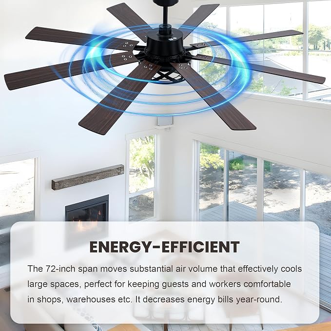 Dawn Whisper Black Ceiling Fans with Lights 72 Inch Farmhouse Ceiling Fan with Remote Quiet Reversible DC Motor 6 Speeds 8 Blades Large Industrial Chandelier Fan for Living Room Bedroom