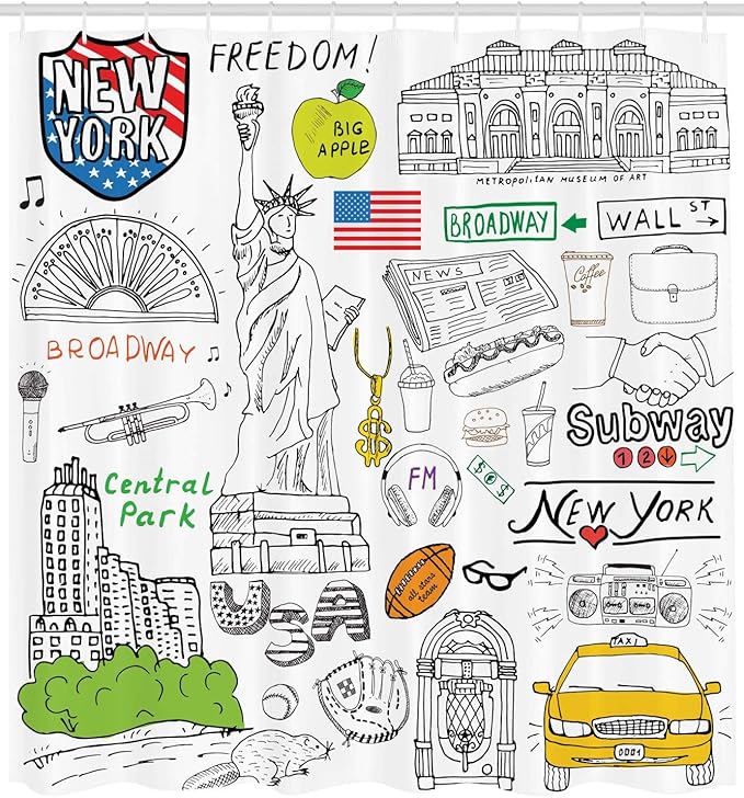 Ambesonne American Shower Curtain, New York City Culture Metropolitan Museum Broadway Crossroad Wall Street Sketch Style, Cloth Fabric Bathroom Decor Set with Hooks, 69" W x 75" L, White and Black