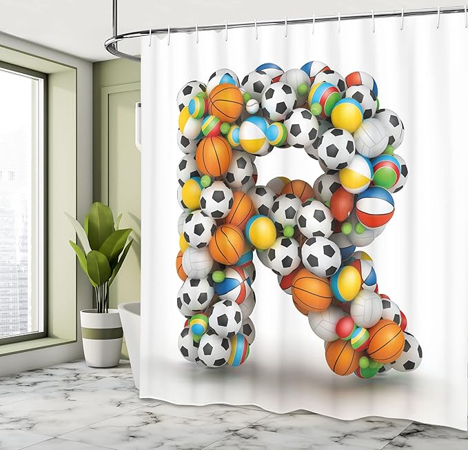 Ambesonne Letter R Shower Curtain, Realistic Looking Volleyball Basketball Soccer Balls Language of The Game Theme, Cloth Fabric Bathroom Decor Set with Hooks, 69" W x 70" L, Orange Multicolor