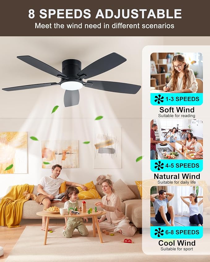 Coolwind 52 Inch Black Flush Mount Ceiling Fan with Light, Display Remote/APP Control, Quiet Low Profile Ceiling Fan with Light, 8 Speeds, Dimmable, Timer, DC Reversible Motor for Bedroom, Living Room