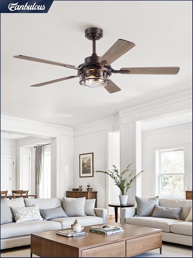 Fanbulous 52 Inch Ceiling Fan with Light and Remote,Downrod Mount Farmhouse Ceiling Fan for Bedroom, Quiet 6-Speed Reversible DC Motor, Rustic Brown & Wood Finish Blades