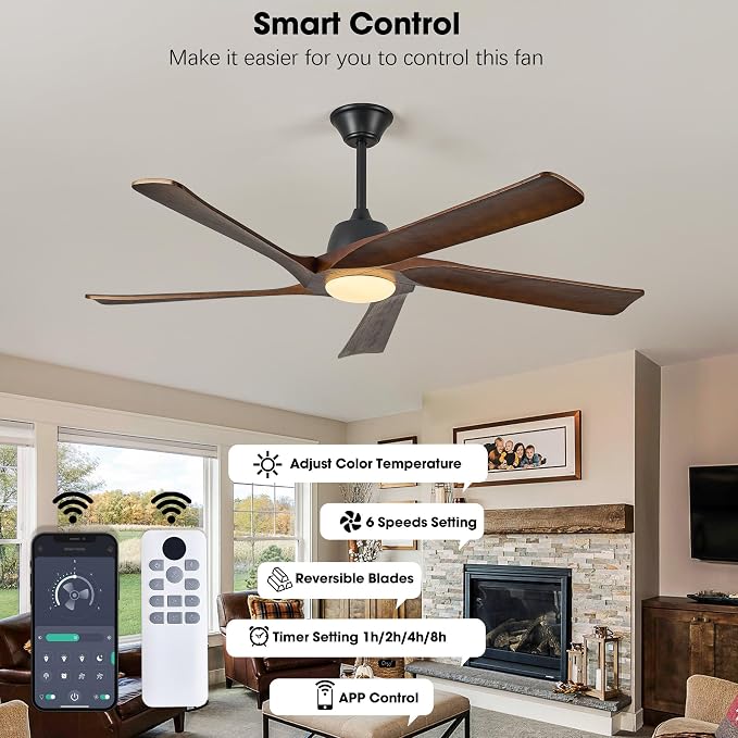 60“ DC Ceiling Fan with Light, Solid Wood Ceiling Fan with Remote and APP Control, 3-color Dimmable, 6-speed Reversible Fans for Bedroom, Living Room, Dark Walnut