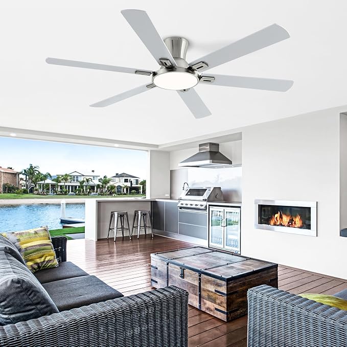 60 Inch Nickel Ceiling Fans with Lights and Remote, Flush Mount Low Profile 6 Blades Ceiling Fan, Quiet Reversible DC Motor for Living Room, Bedroom and Patio