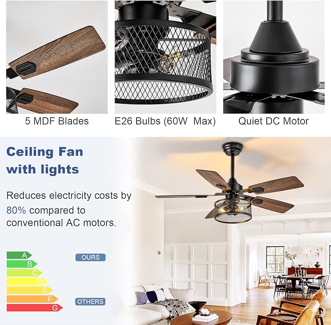 Depuley 42-Inch Ceiling Fans with Lights: Caged Ceiling Fans Dual Finish 5 Blades - Farmhouse Ceiling Fan with Remote Control for Rustic Living Room Outdoor Patio Reversible (Black Walnut)