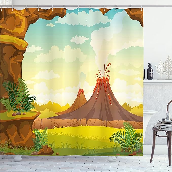 Ambesonne Volcano Shower Curtain, Prehistoric Landscape with Cave Smoky Volcanoes and Green Grass Cloudy Sky, Cloth Fabric Bathroom Decor Set with Hooks, 69" W x 70" L, Orange Green
