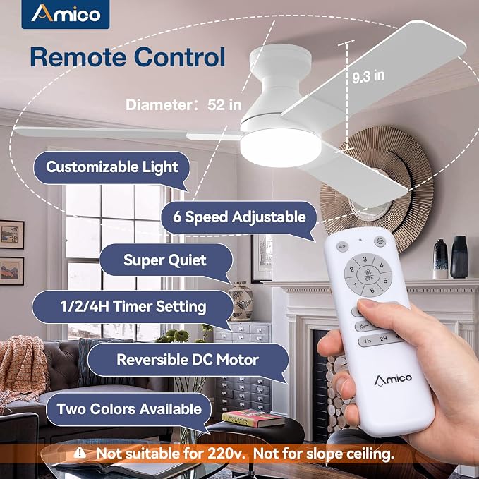 Amico Ceiling Fans with Lights, 52 inch Low Profile Ceiling fan with Light and Remote Control, Flush Mount, Reversible, 3CCT, Dimmable, Noiseless, White Ceiling Fan for Bedroom, Indoor/Outdoor Use