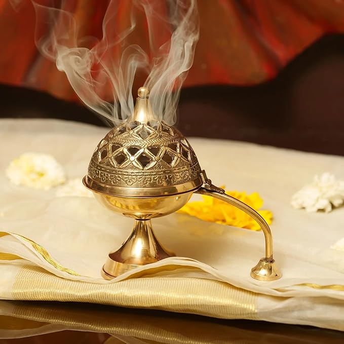Brass Dhoop Dani with Handle for Puja | Traditional Brass Incense Burner with Dome Lid | Decorative Dhoop Holder for Temple, Home & Spiritual Use | (5 x 5)