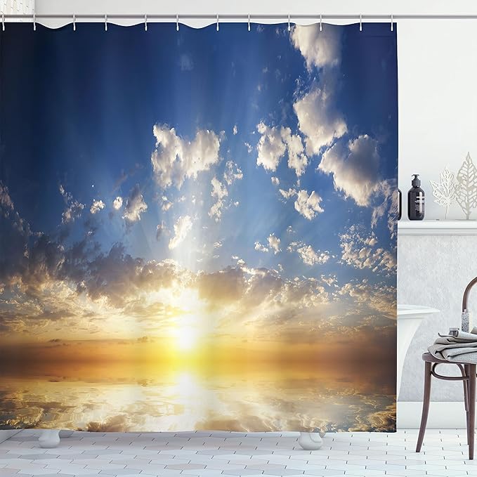 Ambesonne Mystic Shower Curtain, Sunset Reflection on The Sea View Sun Rays Vivid in Horizon Image, Cloth Fabric Bathroom Decor Set with Hooks, 69" W x 84" L, Yellow Brown Blue