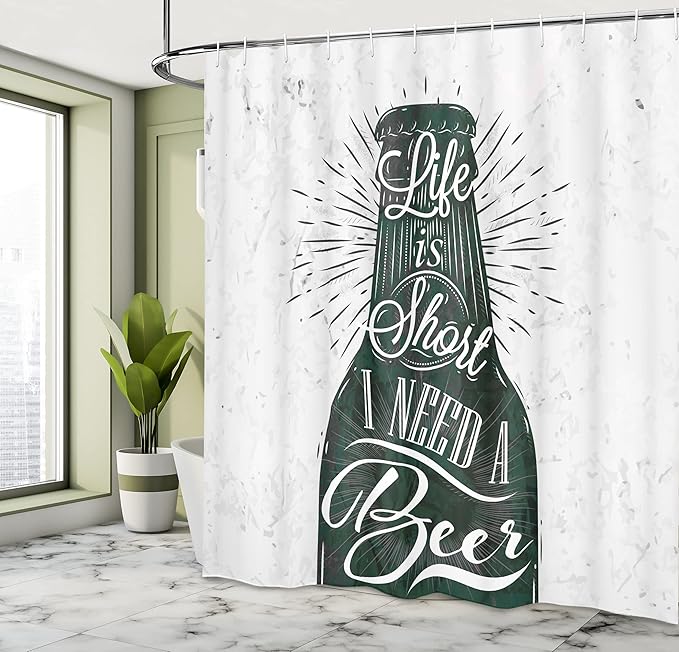 Ambesonne Manly Shower Curtain, Retro Lettering of Life is Short I Need a Beer Calligraphy Print Vintage Stripes, Cloth Fabric Bathroom Decor Set with Hooks, 69" W x 84" L, White Black