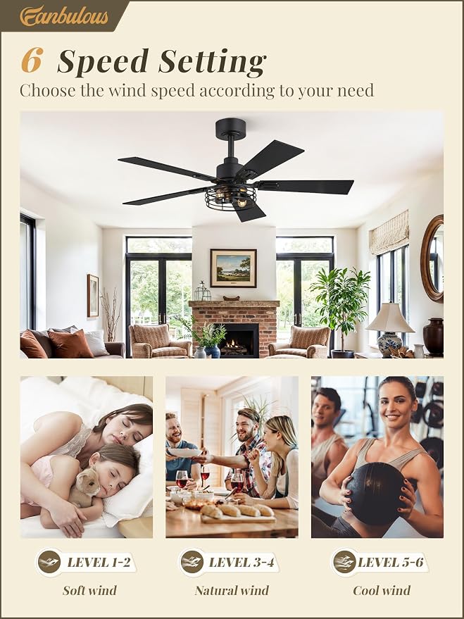 Fanbulous 2 Pack Farmhouse 42 Inch Ceiling Fans with Lights, Black Industrial Caged Ceiling Fans for Bedroom Living Room, Double-Sided 5 Blades Rustic Ceiling Fan