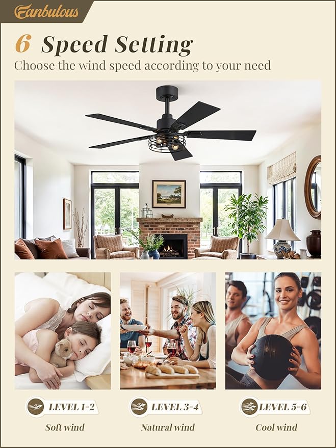 Fanbulous 1 Pack Farmhouse 42 Inch Ceiling Fans with Lights, Black Industrial Caged Ceiling Fans for Bedroom Living Room, Double-Sided 5 Blades Rustic Ceiling Fan