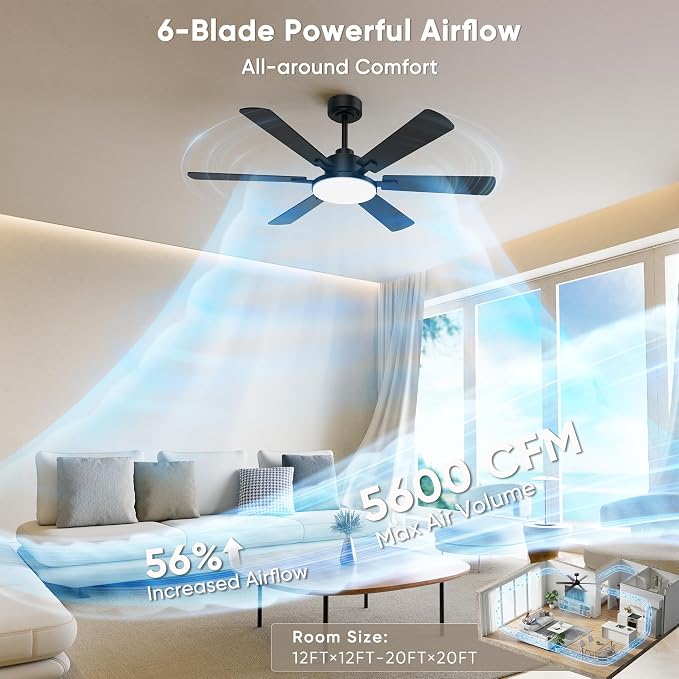 52 Inch Ceiling Fans with Lights, 6 Double Sided Blades, Ultra Quiet Reversible DC Motor, Remote & APP Control, 6 Speeds, 3CCT Dimmable LED with Memory Function, Downrod Mount for Living Room, Black