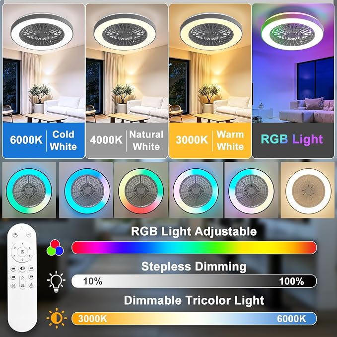Depuley RGB Ceiling Fan with Light: 19" Enclosed Low Profile Flush Mount LED Ceiling Fans with Remote Control - Modern White Bladeless Fandelier Dimmable Quiet DC Motor for Bedroom KTV Room