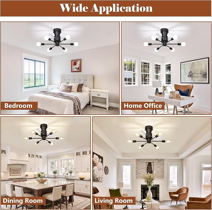 23 Inch Flush Mount Ceiling Fan with Light, Black Low Profile Fandelier | 6-Light Modern Sputnik Chandelier Fan, Remote Control, 6 Speeds, Reversible Quiet DC Motor, Easy to Install, for Bedroom