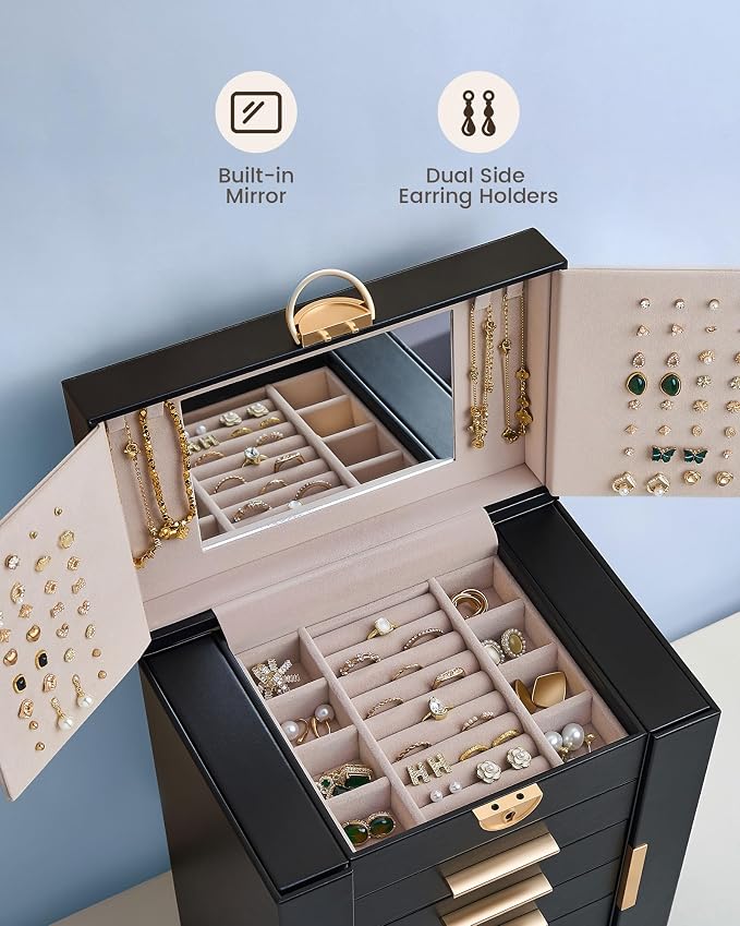 Lolalet Large Jewelry Box Organizer for Women, 6-Layer Jewelry Organizers and Storage Case with Mirror & 5 Drawers, Lockable Watch Ring Earring Bracelet Necklace Holder Girls Gift -6Layer, Black