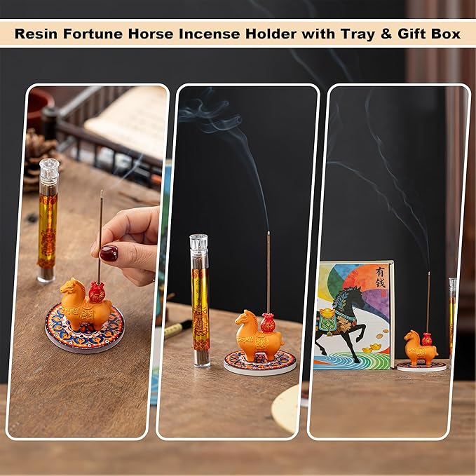 Horse Incense Burner-Resin Fortune Horse Incense Holder with Tray & Gift Box,Aromatherapy Decor for Yoga, Meditation,Home Office,Horse Lover Gift (Orange)