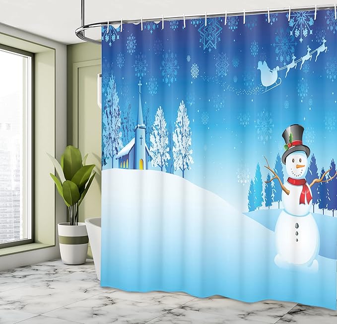 Ambesonne Christmas Shower Curtain, Snowman on The Christmas Eve Santa's Sleigh in The Starry Sky Fantasy Artwork, Cloth Fabric Bathroom Decor Set with Hooks, 69" W x 84" L, Blue White