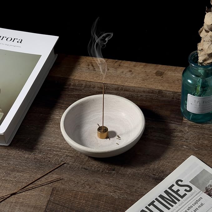 Koville Natural Marble Incense Holder, Incense Holder for Sticks with 9 Holes, Handmade Incense Burner Ash Catcher for Meditation Yoga SPA, Balsam Fir/Palo Santo/Sage/Cone Incense Bowl(Grey)
