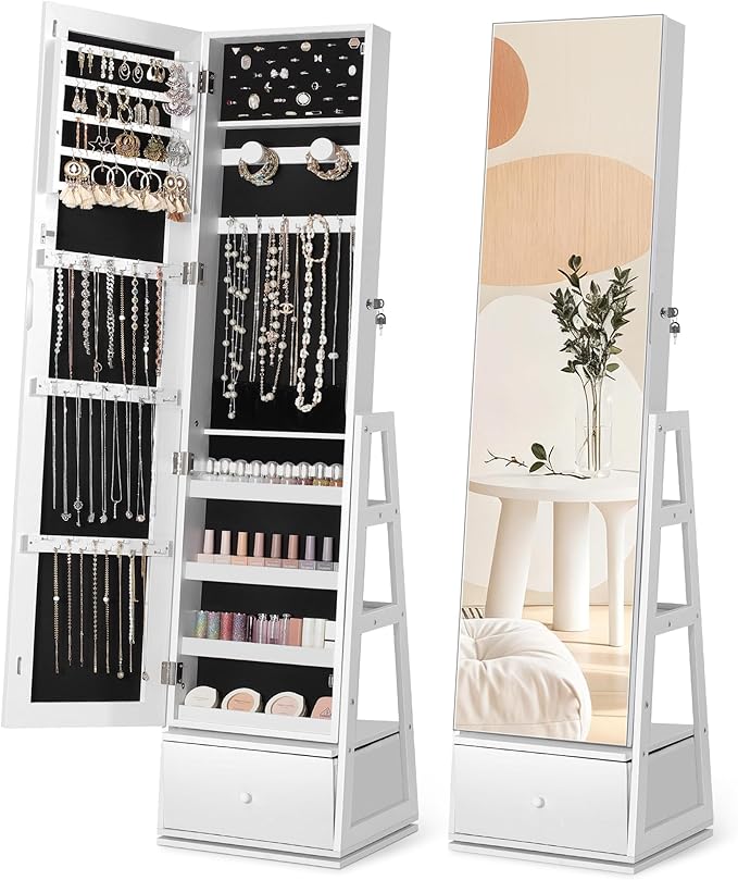 Nicetree 360° Swivel Jewelry Cabinet, Rotatable Full Length Mirror with Jewelry Storage, Standing Jewelry Armoire Organizer, Lockable Jewelry Organizer with 3 Rear Shelves, Bottom Drawer, Pure White