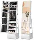 Nicetree 360° Swivel Jewelry Cabinet, Rotatable Full Length Mirror with Jewelry Storage, Standing Jewelry Armoire Organizer, Lockable Jewelry Organizer with 3 Rear Shelves, Bottom Drawer, Pure White