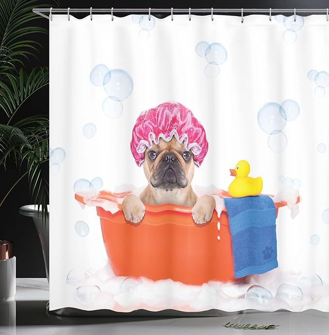 Ambesonne Dog Lover Shower Curtain, French Bulldog Having a Bath in Tub Rubber Duck Theme on Bubbles Background, Cloth Fabric Bathroom Decor Set with Hooks, 69" W x 70" L, Orange Pink