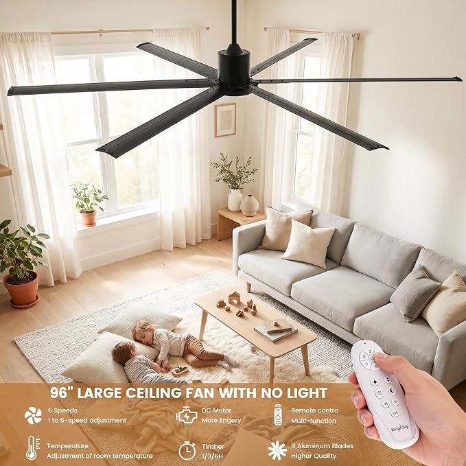 Newday 96" Large Industrial Ceiling Fan, 11500 CFM High Volume Low Speed (HVLS) Fan, DC Motor with 6 Aluminum Blades, Reversible Modern Fan with Light for Commercial Shop, Barn, Patio, Black