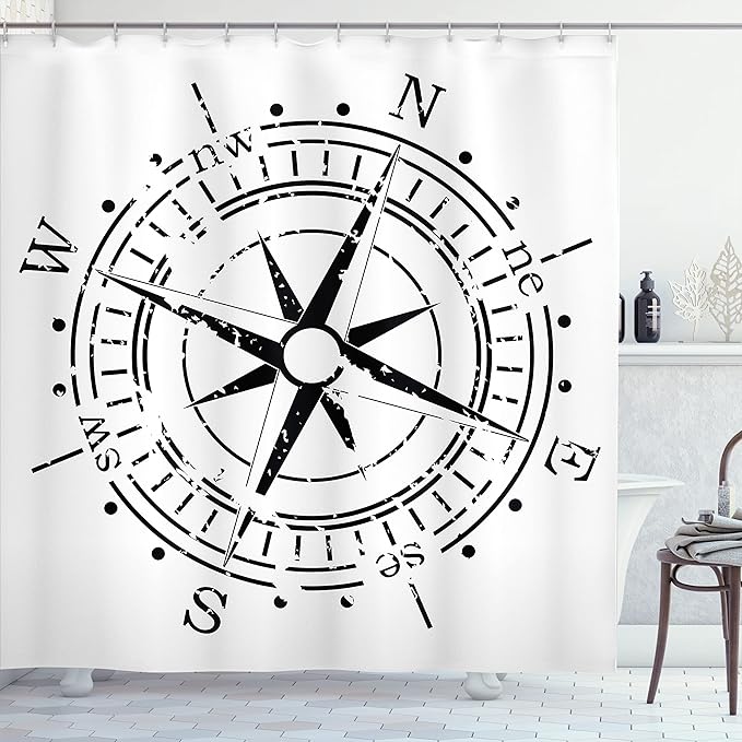 Ambesonne Compass Shower Curtain, Monochrome Windrose Simplistic Design Direction Navigation Prehistoric, Cloth Fabric Bathroom Decor Set with Hooks, 69" W x 84" L, Charcoal Grey and White