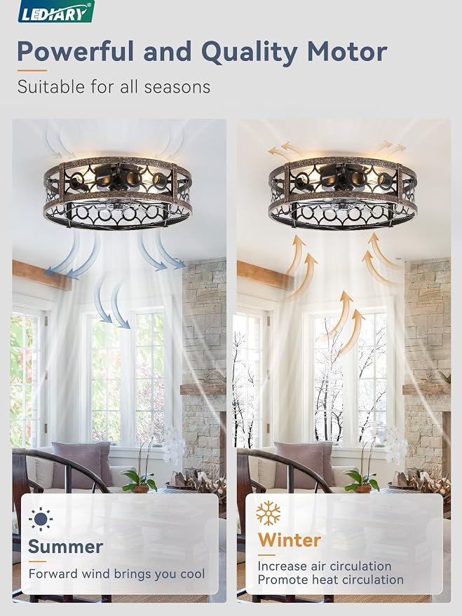 LEDIARY Caged Flush Mount Ceiling Fans with Lights, 20 Inch Farmhouse Low Profile Ceiling Fan with Remote, Small Bladeless Fan Lights Ceiling Fixtures for Bedroom, Kitchen- Black and Gold